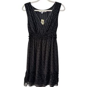 NWT Max Studio Black Polka Dot Chiffon Rosette V Neck Dress Women’s Size Medium